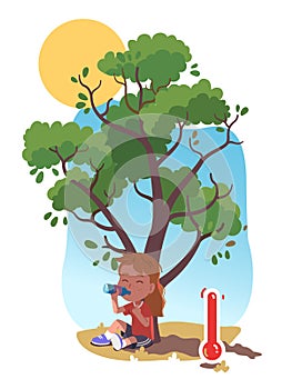 Summer heat. Kid under tree shade drinking water