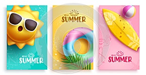 Summer hello text vector poster set. Hello summer greeting card with sun wearing sunglasses