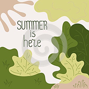 Summer is here. Lawn, edge of the forest. Children`s drawing, hand-drawn. Pastel color. Place for your text, vector illustration
