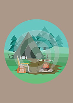 Summer Hiking. Tent, Backpack and Campfire. Vector Illustration
