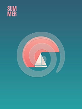 Summer holiday adventure and leisure vector concept. Yacht, sailboat in sunset. Symbol of relax, cruise, journey, voyage
