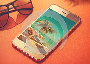 Summer holiday advertising with phone and picture of vacation resort with blue ocean and beach and sunglasses.Macro.AI Generative