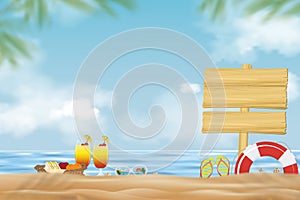 Summer holiday background with blue ocean, could, sky and wooden signboard on beach sand with blurry palm leaf. Vector banner