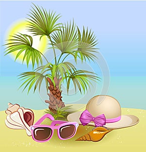 summer holiday background with palm,chair,hat, shells and sunglasses