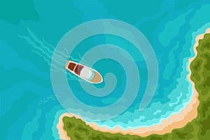 Summer holiday background with speed boat sailing to a sandy beach on tropical island. Top aerial view. Bird eye view, water sport