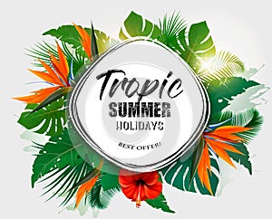 Summer Holiday Background With Tropical Plants And Coloful Flowe photo