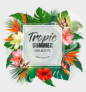 Summer Holiday Background With Tropical Plants And Coloful Flowers. Vector