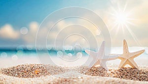 Summer holiday background with two white starfishes on white sand.