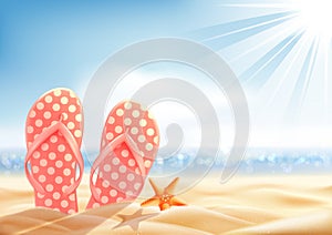 Summer holiday background, vacation on a sunny beach, polka dot flip-flop and starfish on the sand, vector