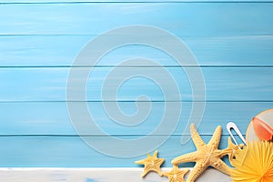 Summer Holiday Banner beach theme with beach accessories on a blue wood background