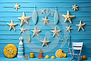 Summer Holiday Banner beach theme with beach accessories on a blue wood background