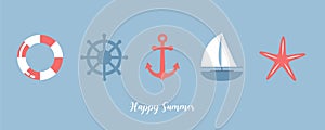 summer holiday banner marine design with with sailing boat shell and anchor