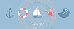 summer holiday banner marine design with with sailing boat shell and anchor