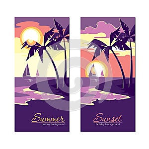 Summer holiday banners with sunset in flat design style