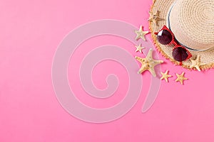 Summer holiday beach background with accessories on wooden table, top view with copy space. vacation concept