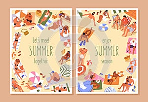 Summer holiday beach, poster backgrounds. People sunbathing, relaxing on sand, sea resort on vacation, cards designs