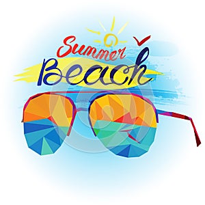 Summer holiday and beach. Sunglasses and sea view made in polygonal style.