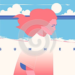 Summer Holiday and Summer Camp poster. Sea sunset, girl walking on beach. photo