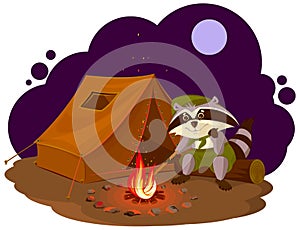 Summer holiday camp. Scout raccoon sitting around campfire. Raccoon tourist tent set. Camping