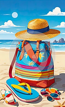 Summer holiday concept. Accessories - bag, straw hat, sunglasses, palm trees, pareo,