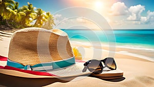 Summer holiday concept. Accessories - bag, straw hat, sunglasses, palm trees, pareo,