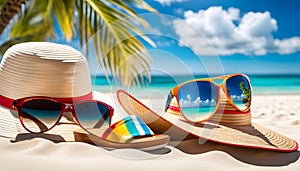 Summer holiday concept. Accessories - bag, straw hat, sunglasses, palm trees, pareo,