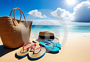 Summer holiday concept. Accessories - bag, straw hat, sunglasses, palm trees, pareo,