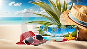 Summer holiday concept. Accessories - bag, straw hat, sunglasses, palm trees, pareo,