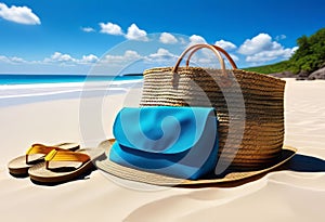 Summer holiday concept. Accessories - bag, straw hat, sunglasses, palm trees, pareo,