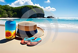 Summer holiday concept. Accessories - bag, straw hat, sunglasses, palm trees, pareo,
