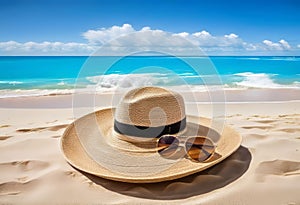 Summer holiday concept. Accessories - bag, straw hat, sunglasses, palm trees, pareo,