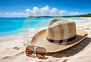 Summer holiday concept. Accessories - bag, straw hat, sunglasses, palm trees, pareo,