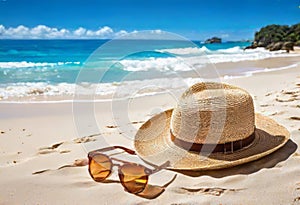 Summer holiday concept. Accessories - bag, straw hat, sunglasses, palm trees, pareo,