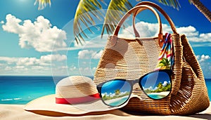 Summer holiday concept. Accessories - bag, straw hat, sunglasses, palm trees, pareo, flip-flops on a sandy beach