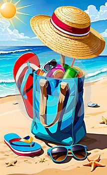 Summer holiday concept. Accessories - bag, straw hat, sunglasses, palm trees, pareo, flip-flops on a sandy beach