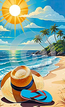 Summer holiday concept. Accessories - bag, straw hat, sunglasses, palm trees, pareo, flip-flops on a sandy beach