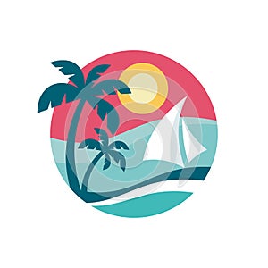 Summer holiday - concept business logo vector illustration in flat style. Tropical paradise creative badge. Palms, coast, sun, sea