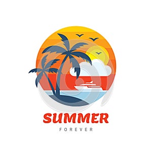 Summer holiday - concept business logo vector illustration in flat style. Tropical paradise creative badge. Palms, island, beach,
