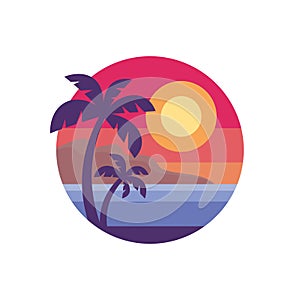 Summer holiday - concept business logo vector illustration in flat style. Tropical paradise creative badge. Palms, island, beach,