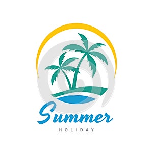 Summer holiday - concept business logo vector illustration in flat style. Tropical paradise creative logo. Palms, island, beach, s