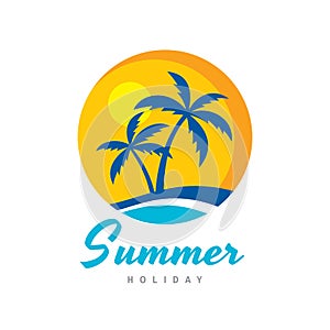 Summer holiday - concept business logo vector illustration in flat style. Tropical paradise creative logo. Palms, island, beach