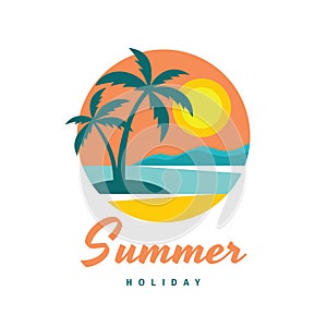 Summer holiday - concept business logo vector illustration in flat style. Tropical paradise creative logo. Palms, island, beach