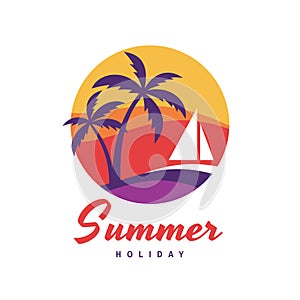 Summer holiday - concept business logo vector illustration in flat style. Tropical paradise creative logo. Palms, island, beach