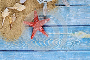 Summer holiday concept, seashells, starfish on beach sand of dollar banknote