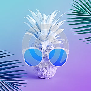 Summer holiday concepts with exotic pineapple and sunglasses and coconut leaf in pastel color