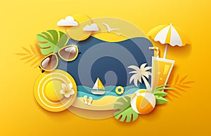 Summer holiday fun, with tropical green leaf on sea beach, paper cut concept design on yellow background