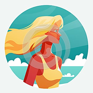 Summer Holiday Girl Portrait. Blond female surfer at the beach Summer Camp poster. Vector illustration