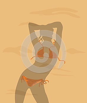 Summer holiday. The girl\'s tent falls on the bikini. Relax on the beach. Young woman relaxing and sunbathing in bikini