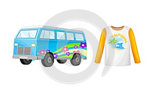 Summer holiday objects set. Vintage hippie van and rashguard vector illustration