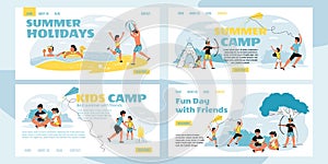 Summer holiday pastime in camp landing page set